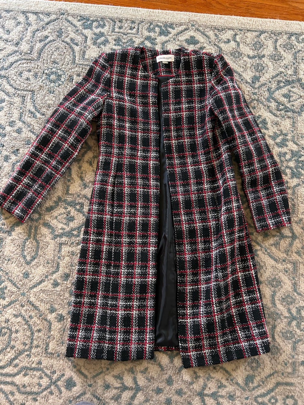 Calvin Klein Black, Red & White Plaid Bouclé Longline Blazer